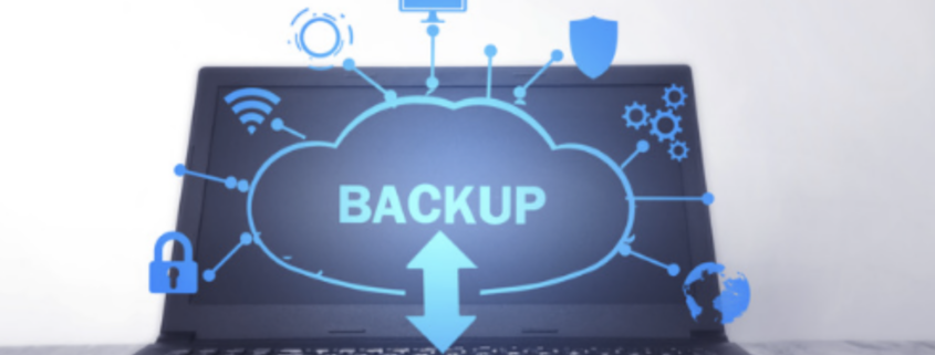 Laptop displaying a cloud icon with the word "BACKUP" and connected icons representing various data security elements, illustrating "data backup and disaster recovery."